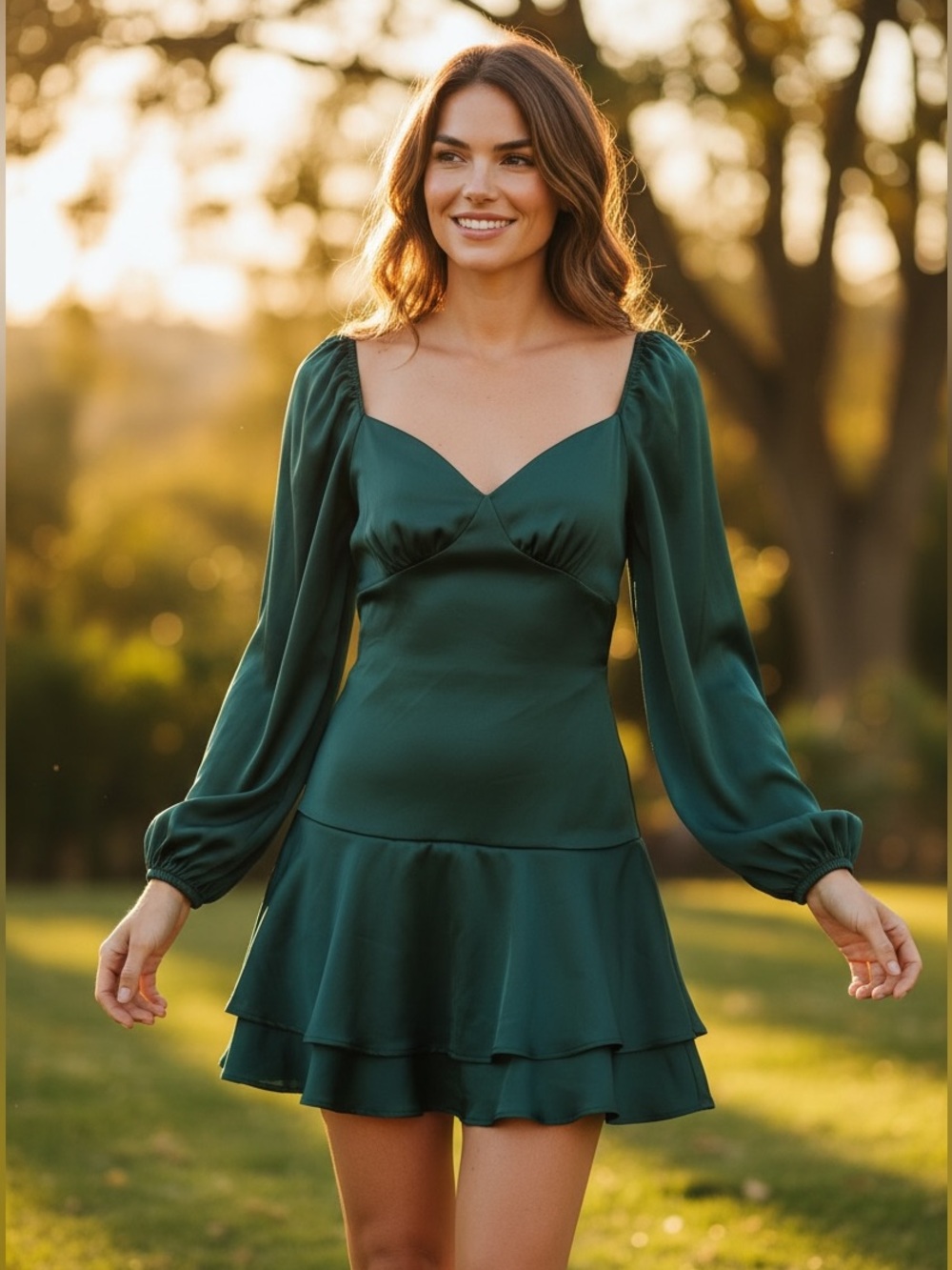 Altar'd State Deep Emerald Long-Sleeve Sweetheart Dress